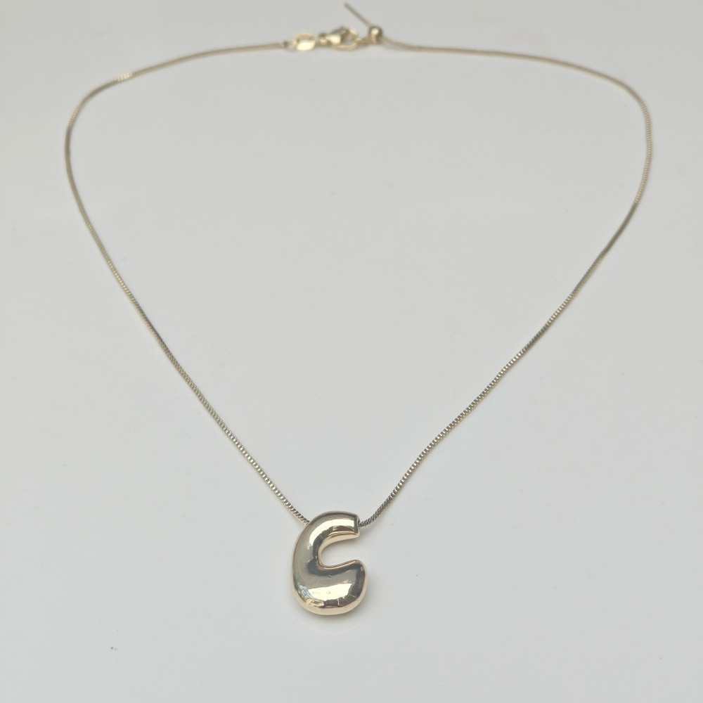 Gold Tone Puffy Initial C Pendant Necklace Adjustable Slim Box Chain 18 Inch